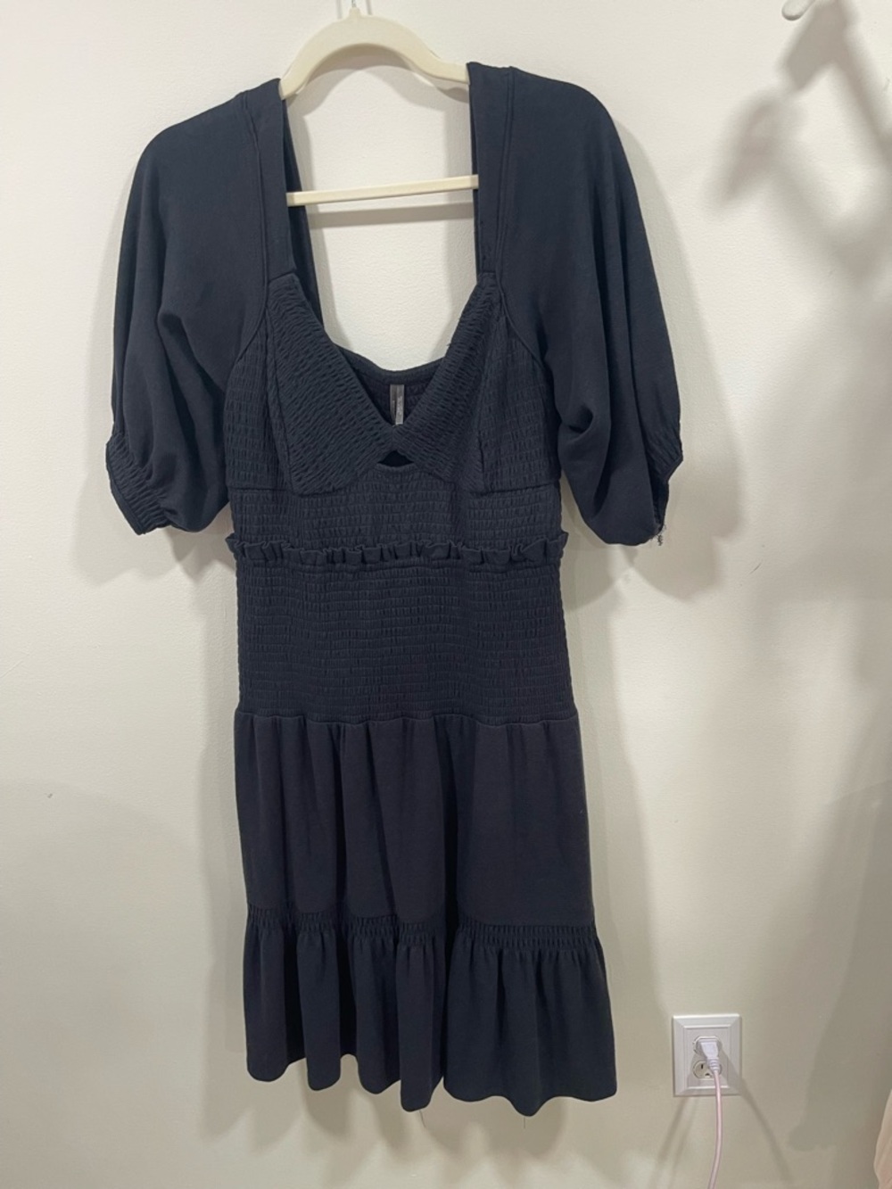 Anthropologie Black Smocked Mini Dress with Puff Sleeves